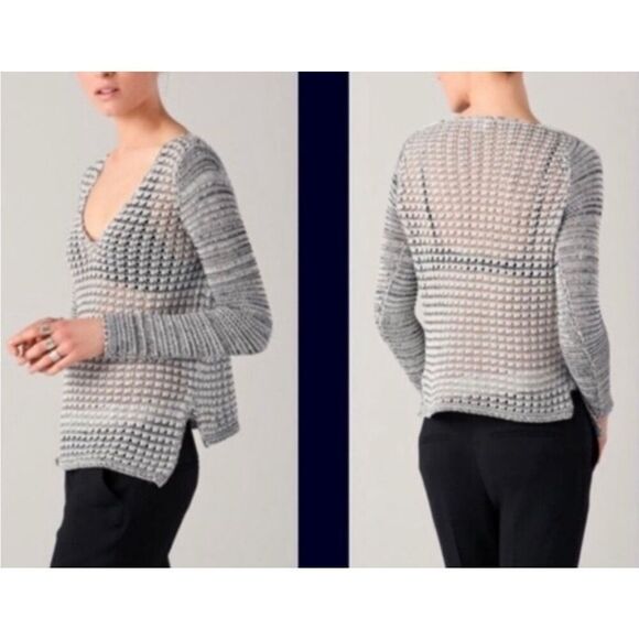 Helmut Lang Sweater Open Knit Long Sleeve Black White Grey Wide Neck Pullover L - Picture 1 of 15